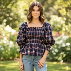NWT ivy city co. Madeline Plaid Puff Sleeve Top navy